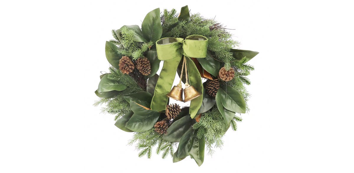 22 inch Magnolia Leaves, Pine &amp; Bell Wreath by Ashland
